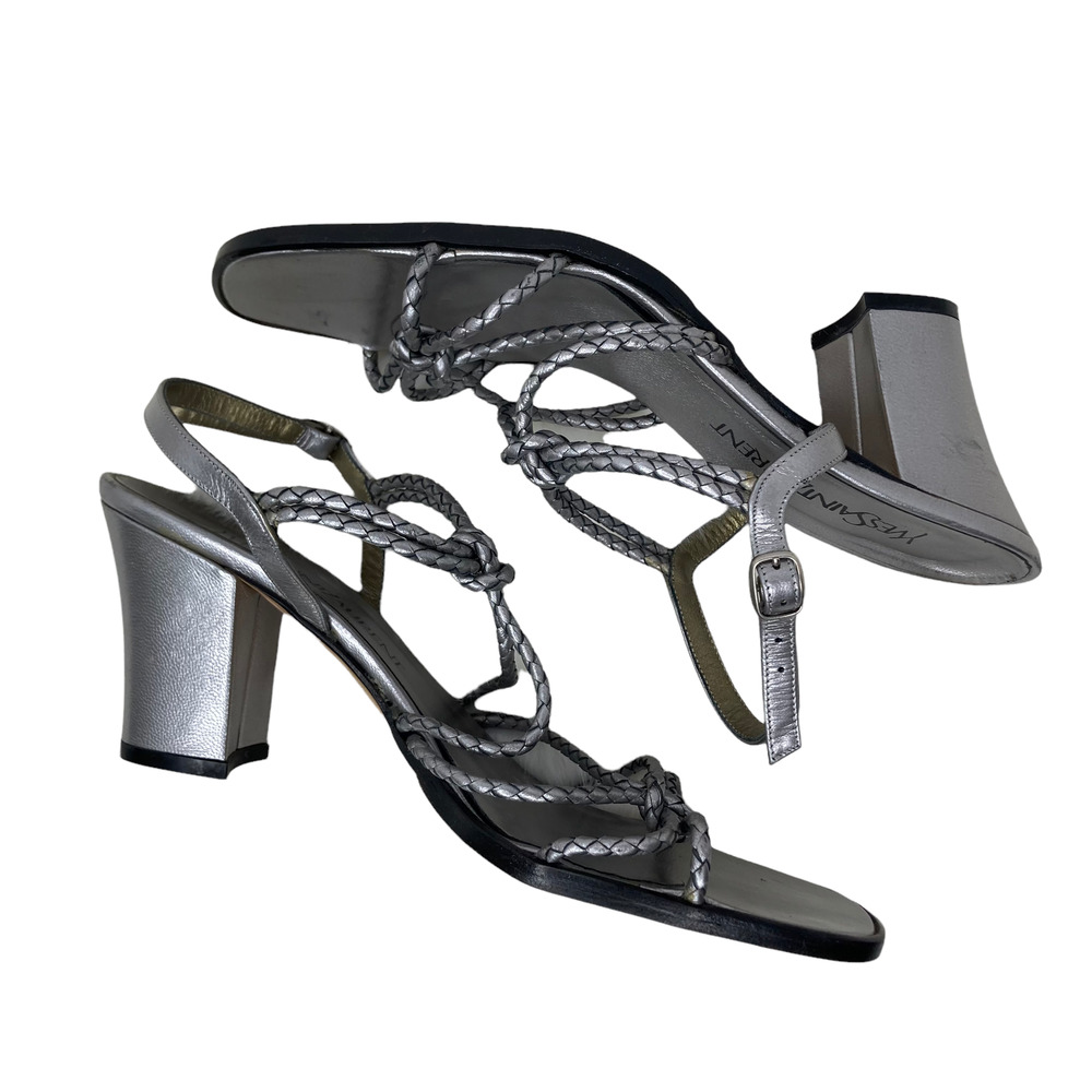 Yves Saint Laurent Braided Leather Silver Chunky Heel Open Toe Sandal 9.5N